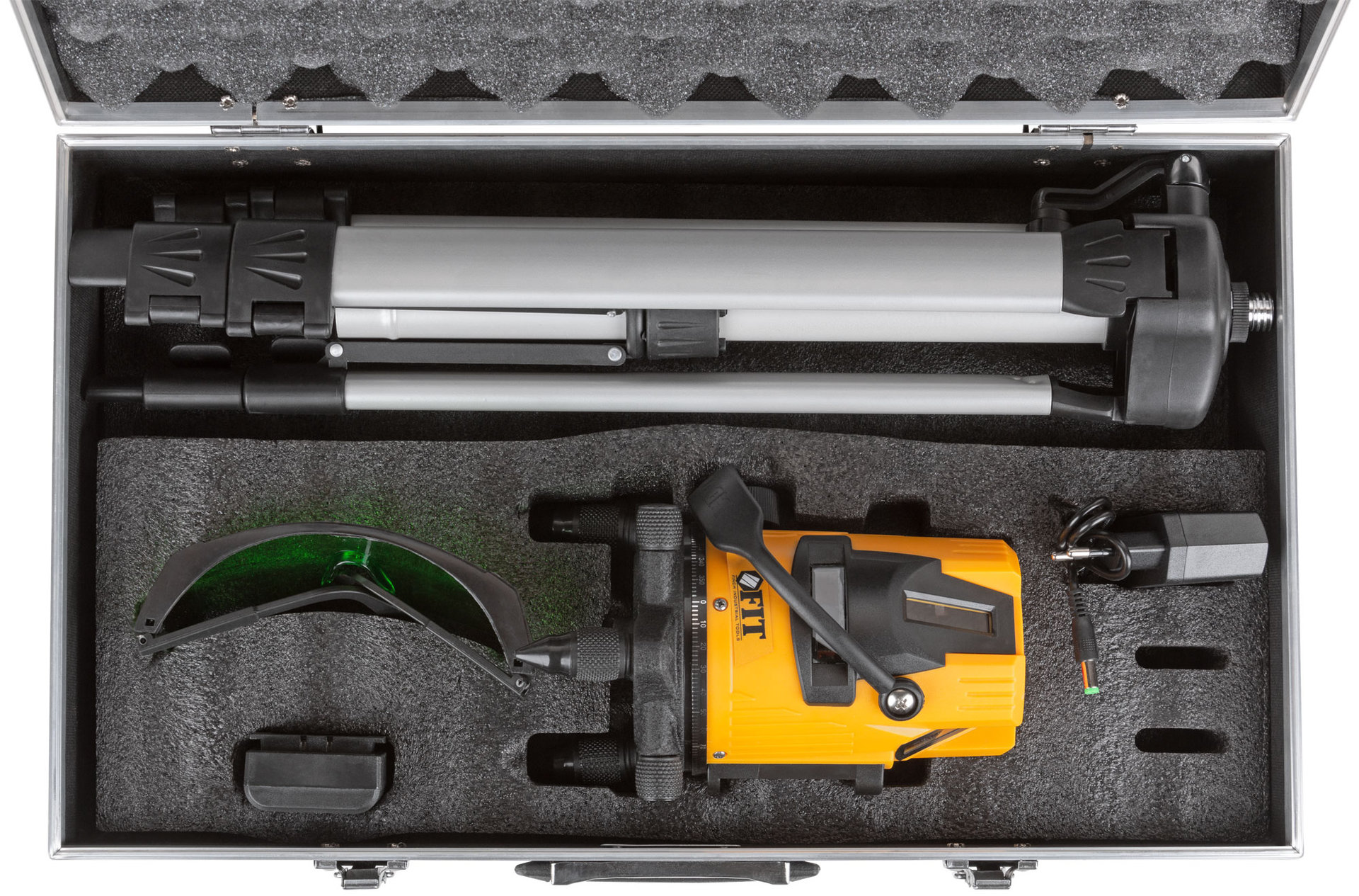 Уровень лазерный самоуспокаивающийся, зеленые лучи, горизонталь + 4 вертикали, диапазон 20 м, Li-Ion аккум., 2 уровня яркости, тренога, алюминиевый ке (18637)