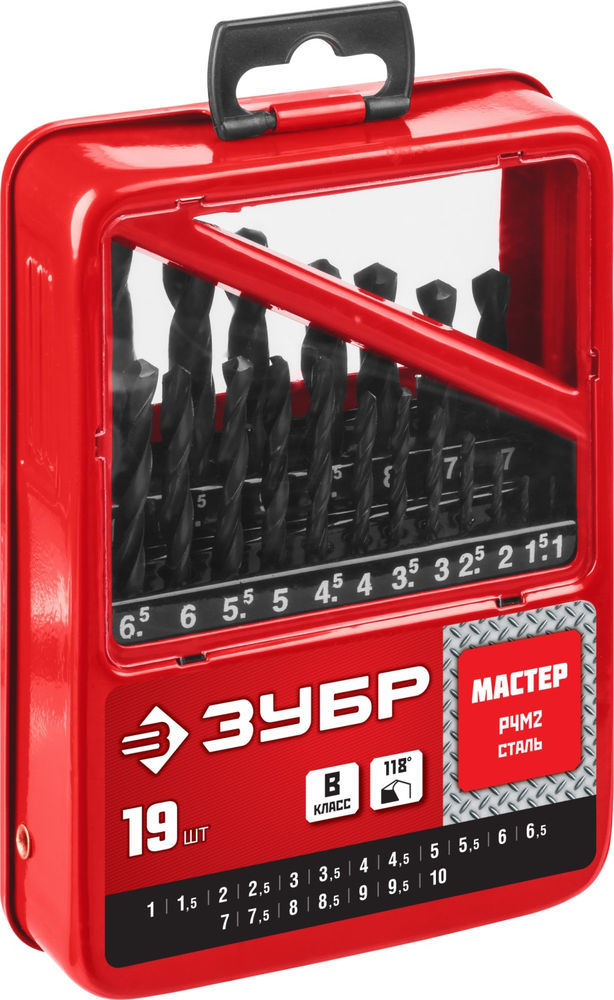 Набор сверл по металлу 19 шт, 1–10 мм, сталь Р4М2, класс В, металлический бокс ЗУБР 29605-H19