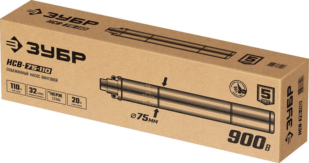 Насос скважинный винтовой 900 Вт, 110 м напор, корпус из нержавеющей стали ЗУБР НСВ-75-110