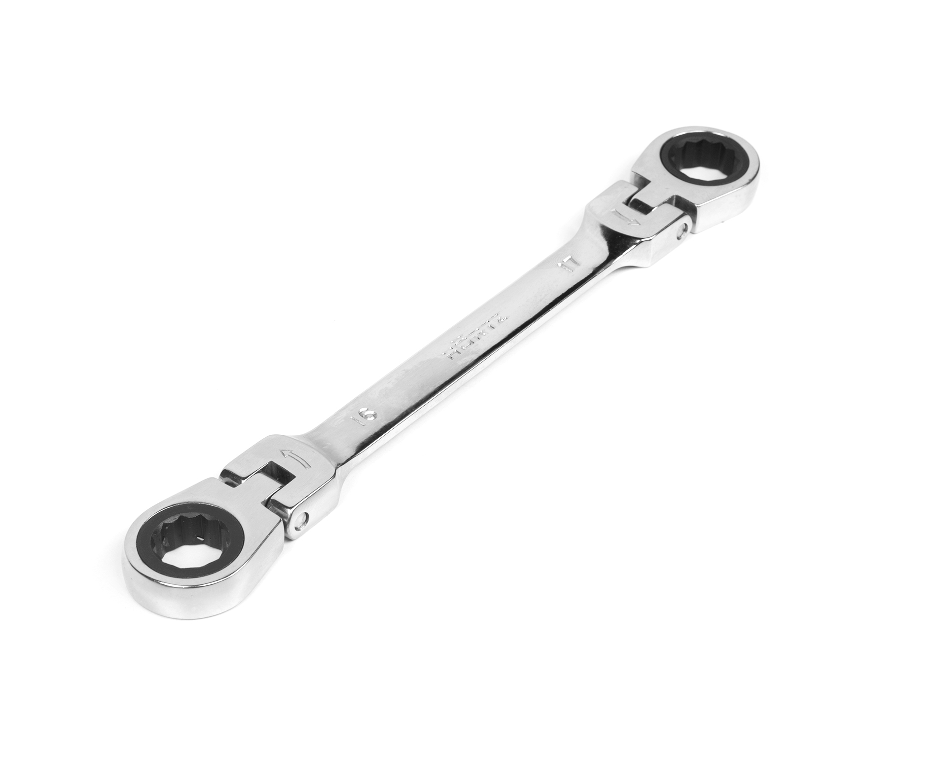 Ключ накидной двусторонний 16х17 мм трещоточный шарнирный хром HORTZ