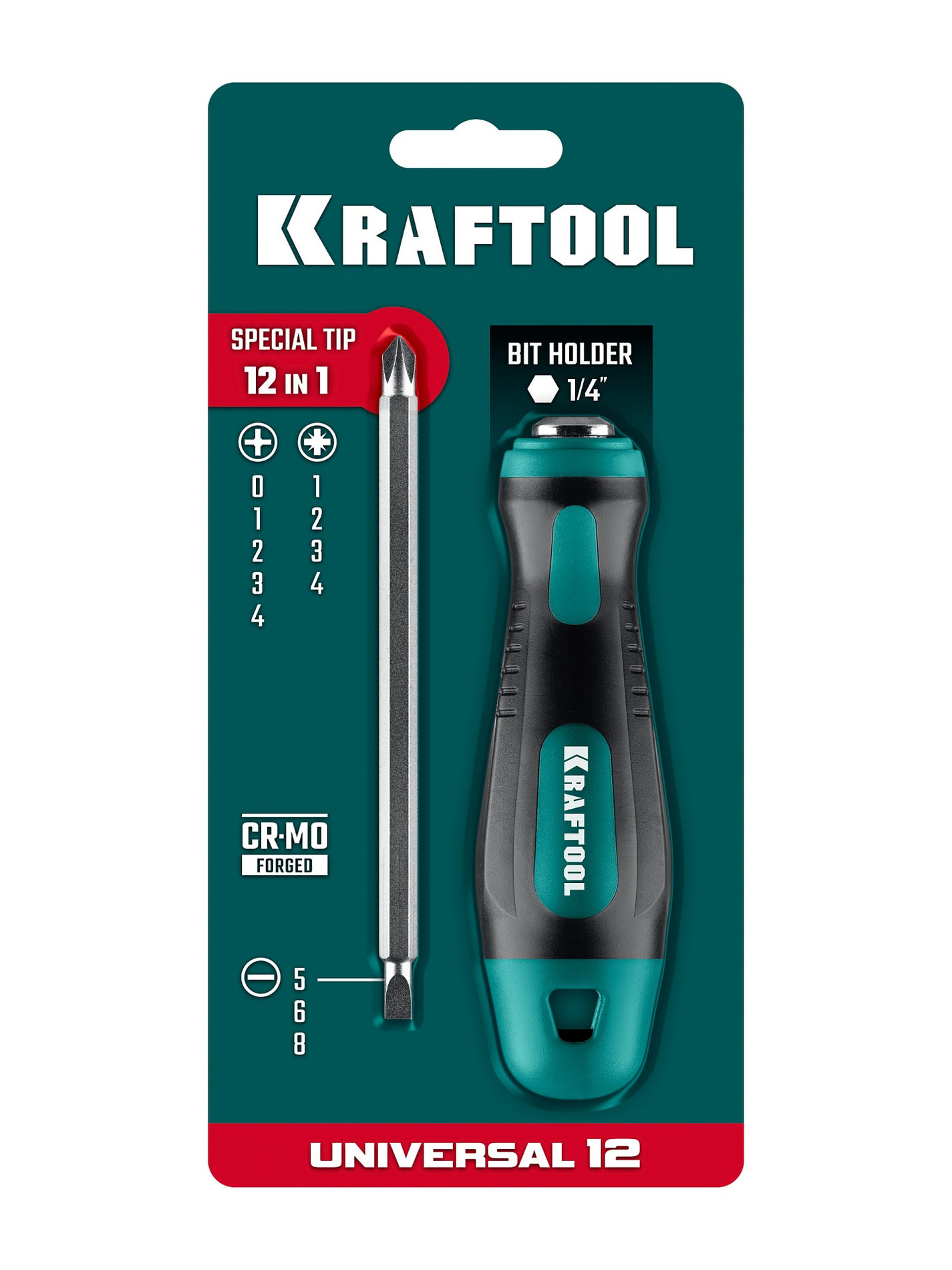 KRAFTOOL Universal-12, PH 0-1-2-3-4, PZ 1-2-3-4, SL 5, 6, 8 мм, 12-в-1, универсальная переставная отвертка с двусторонним стержнем (26168_z01)