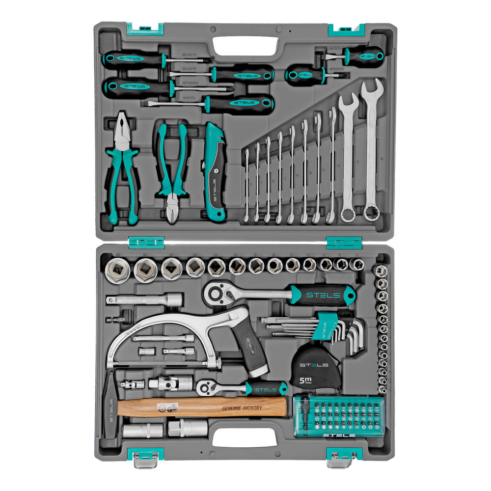 Набор инструментов, 1/2, 1/4, CrV, пластиковый кейс 98 предметов Stels