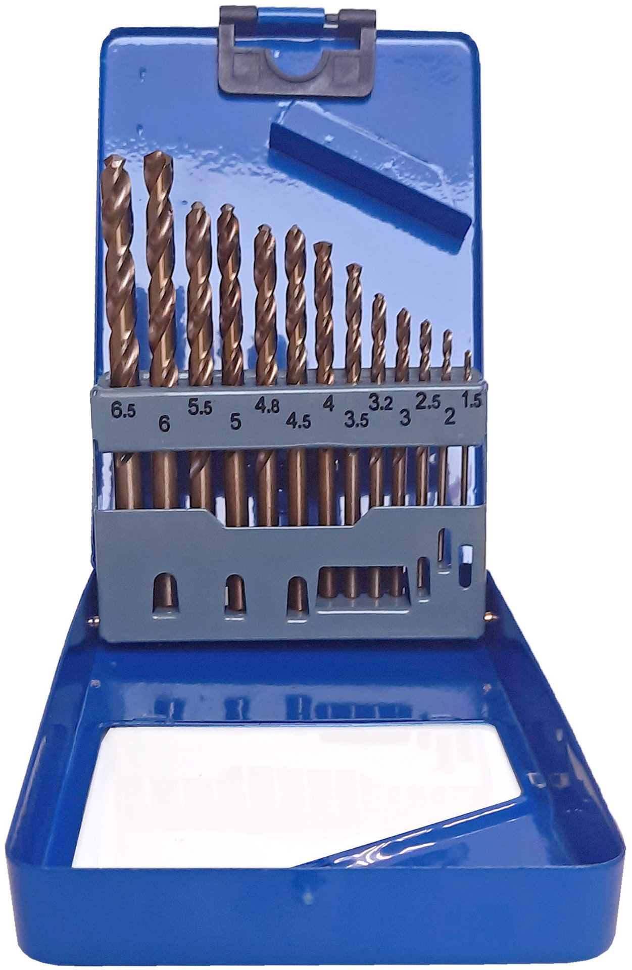 Набор сверл по металлу с кобальтом 5% в металлической коробке; 1,5-6,5 мм (через 0,5 мм + 3,2 мм; 4,8 мм), 13 шт., Cutop Profi (48-601)