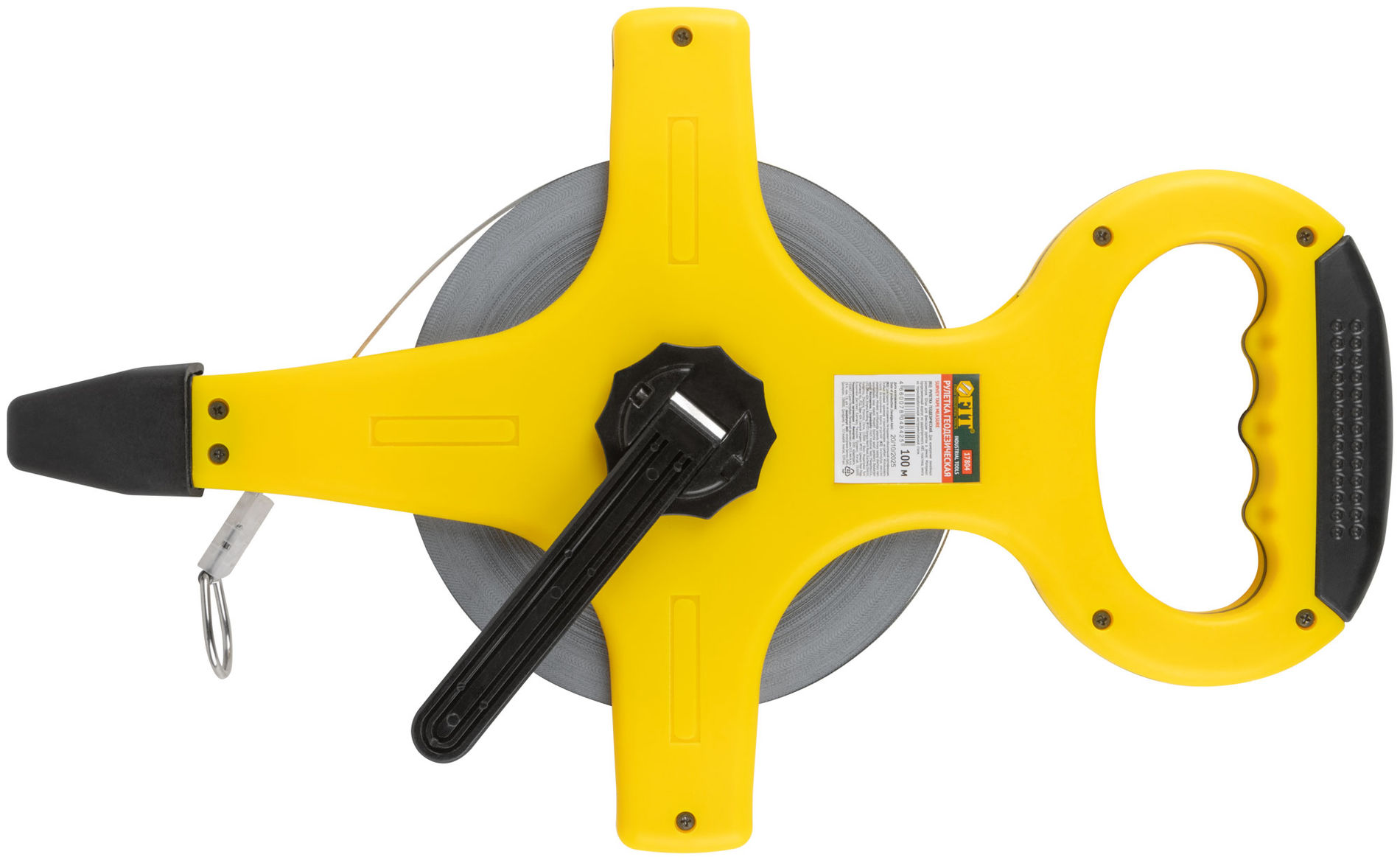 Рулетка геодезическая, стальная лента, желтый открытый пластиковый корпус, прорезиненная ручка 100 м (17804)