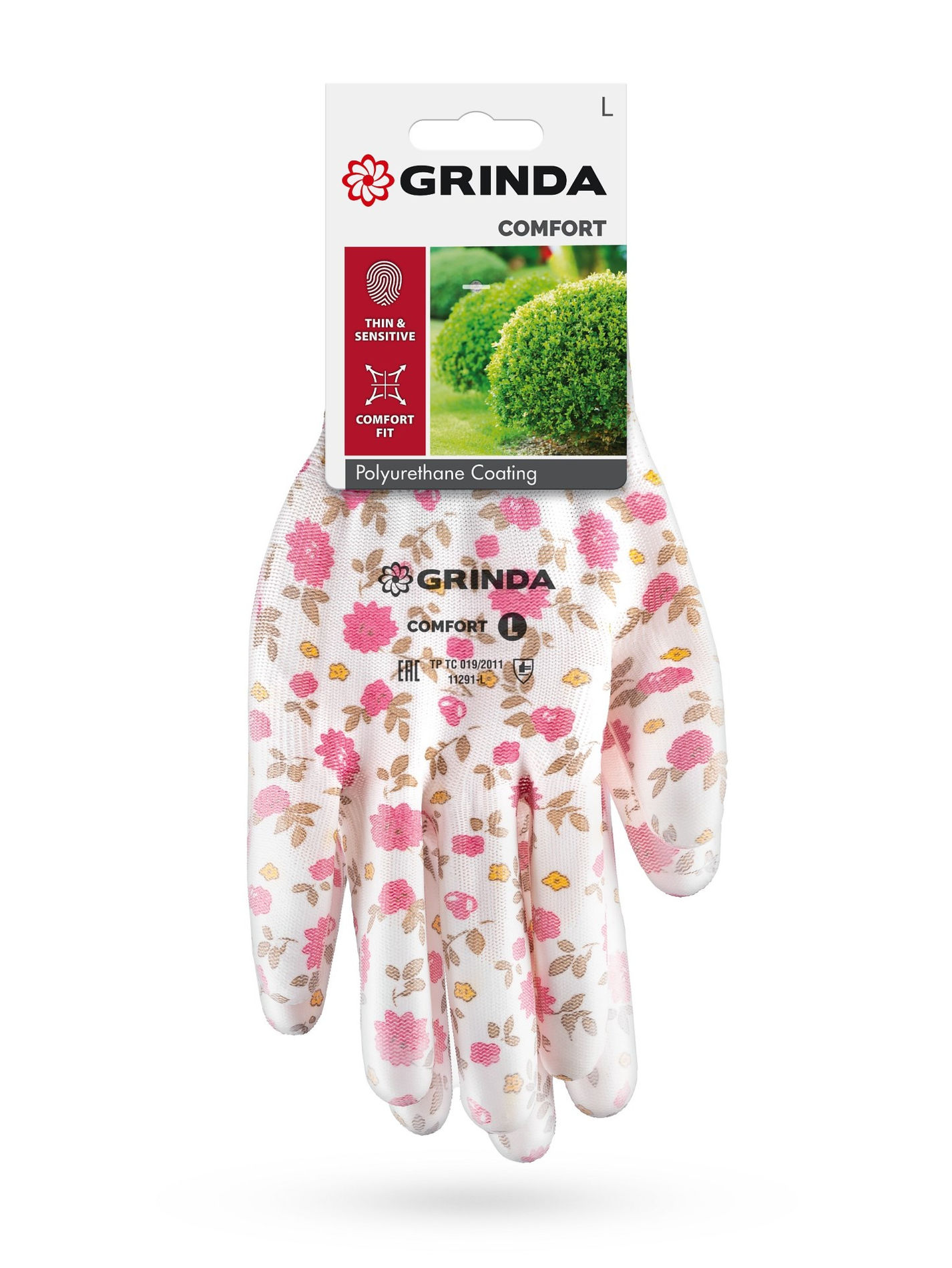 GRINDA COMFORT, L (9), садовые перчатки с прозрачным полиуретановым покрытием, розовые, 13 класс (11291-L_z01)