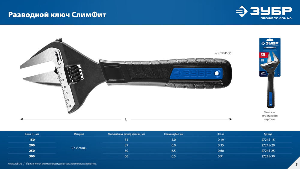 Ключ разводной СлимФит, 200/39 мм, ПРОФЕССИОНАЛ (27245-20) ЗУБР