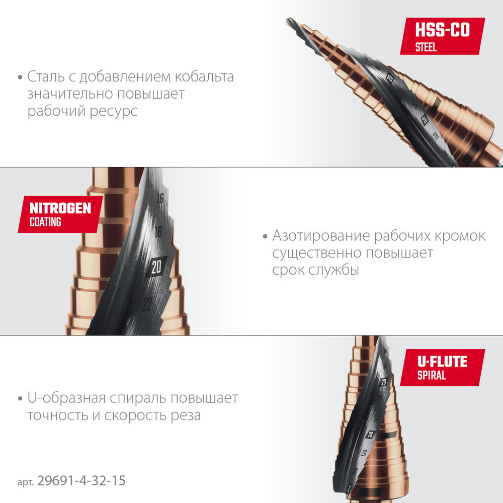 Сверло ступенчатое COBALT, 4–32 мм, 15 ступеней, азотирование, винтовая спираль KRAFTOOL 29691-4-32-15