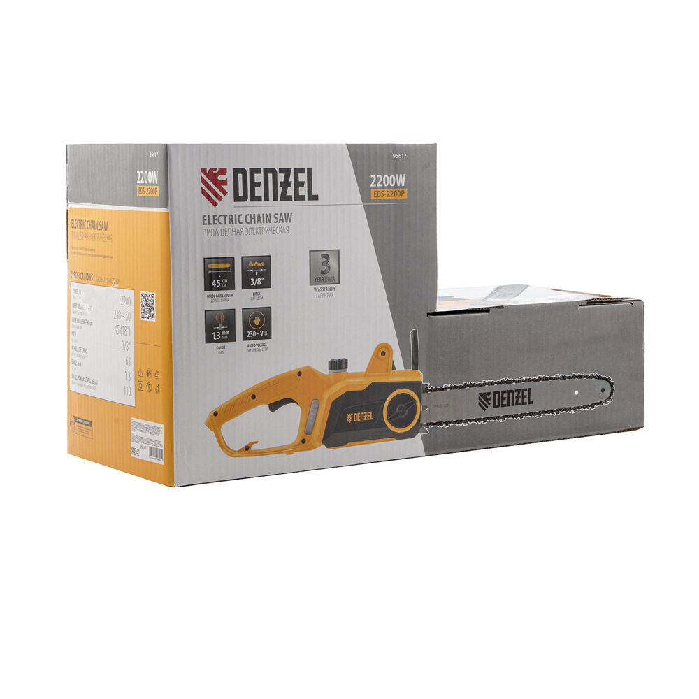 Пила цепная электрическая EDS-2200P, 2.2 кВт,поперечная, шина 45 см, шаг 3/8, паз 1.3 мм, 63 звена Denzel (95617)