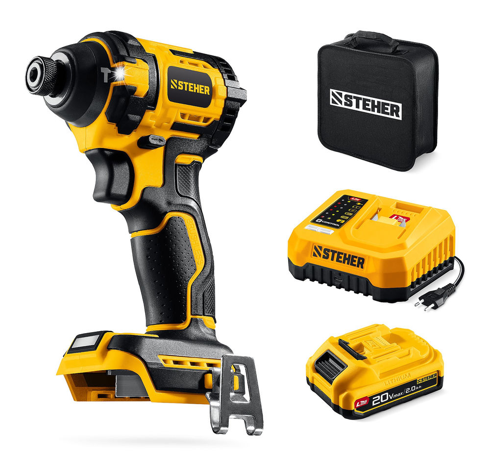 Винтоверт ударный бесщеточный 20 В, 180 Н·м, 1 АКБ LMS (2 А·ч), сумка STEHER CSB-180-21