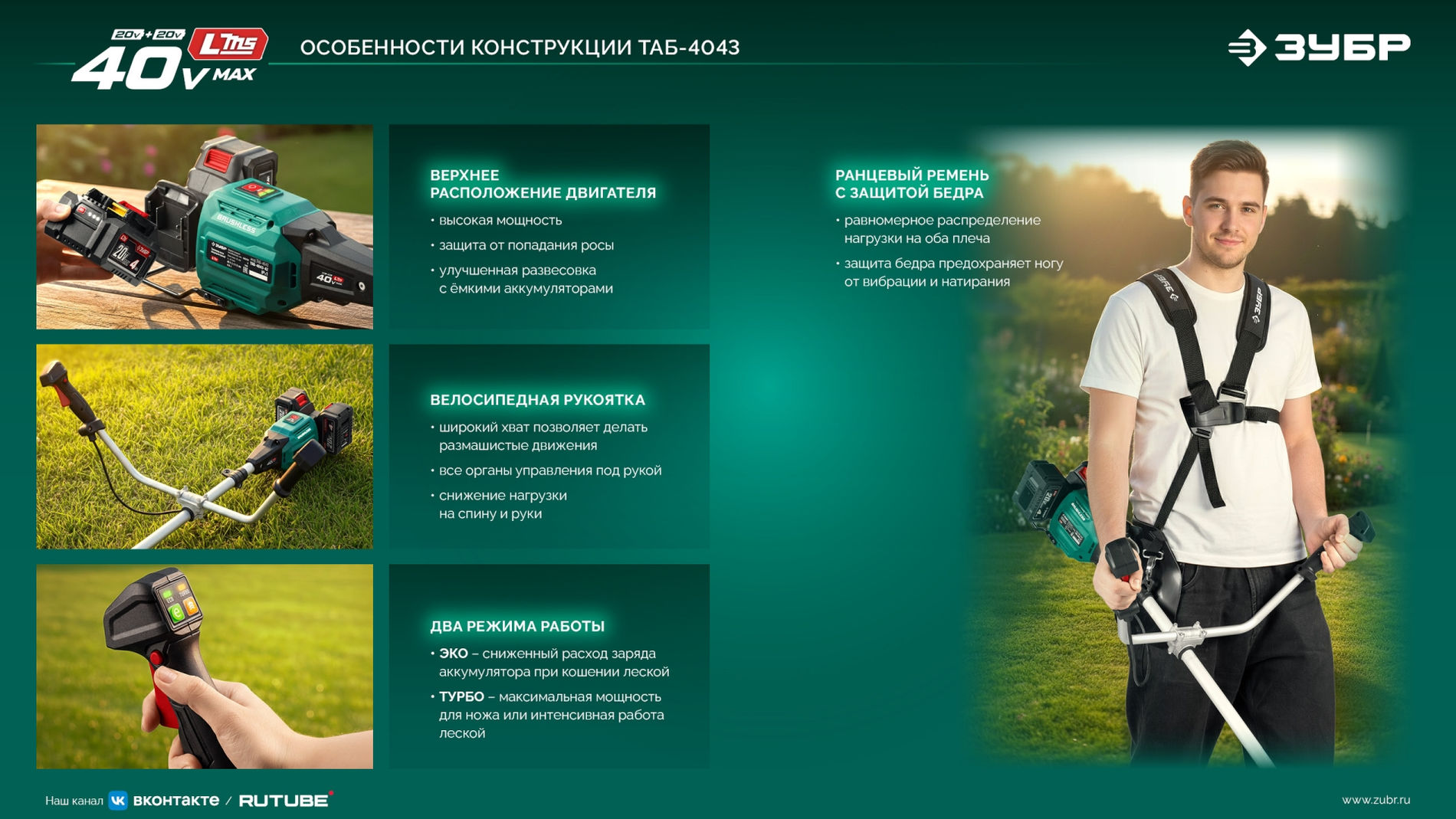 ЗУБР 40 В (2x20В), 430 мм, без АКБ (LMS), триммер-коса аккумуляторный бесщеточный (ТАБ-4043)