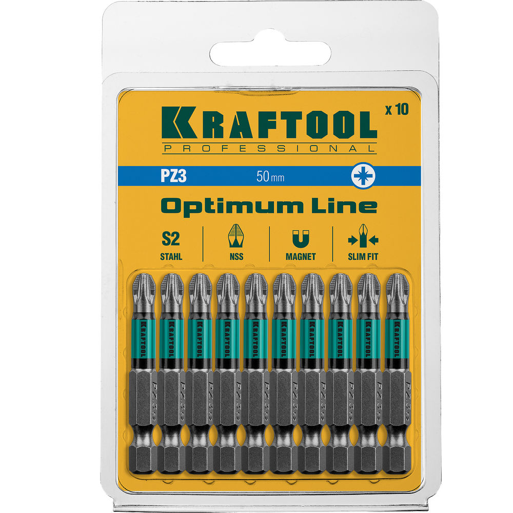 Биты Optimum PZ3, 50 мм, 10 шт KRAFTOOL 26124-3-50-10