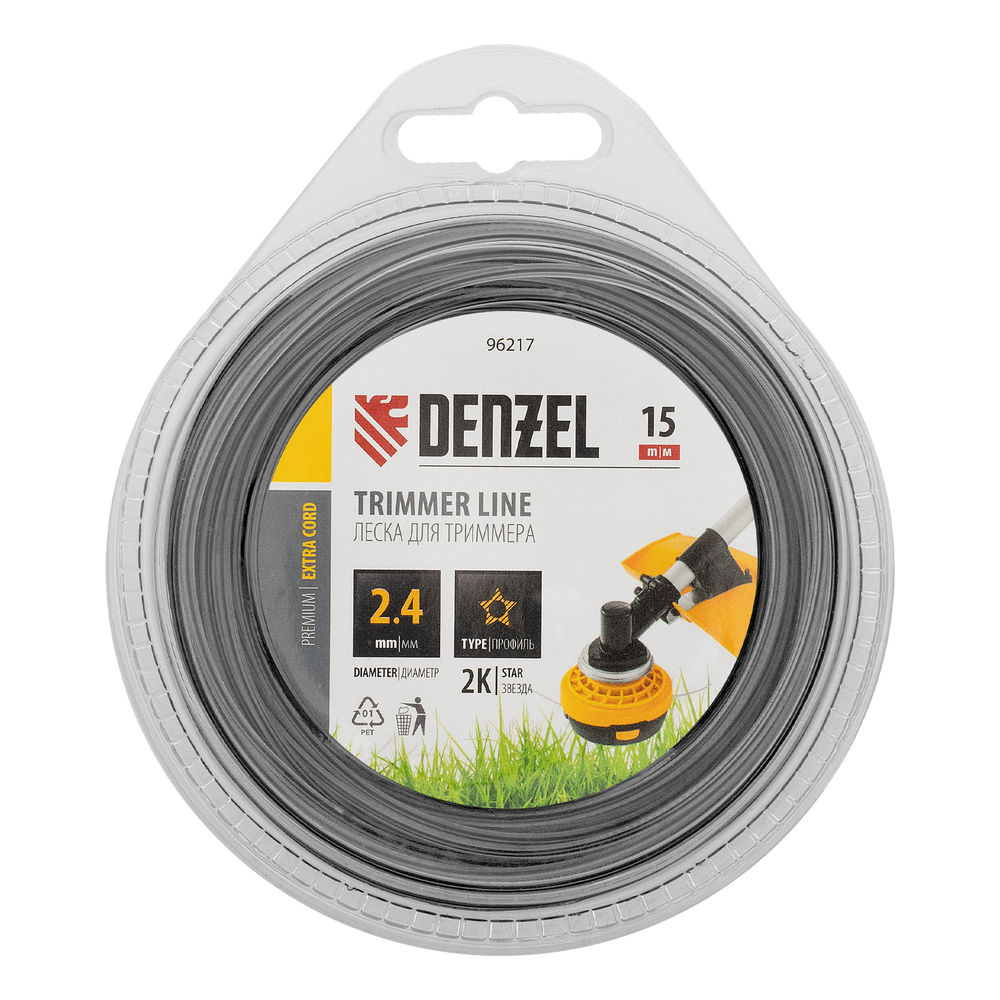 Леска для триммера двухкомпонентная звезда, 2,4мм х 15м, блистер EXTRA CORD, Denzel (96217)
