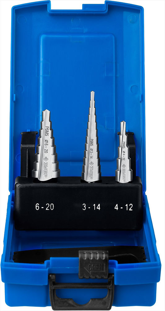 Набор ступенчатых сверл 3–20 мм, 3 шт, сталь Р6М5 ЗУБР Профессионал 29670-3-20-H3_z01  