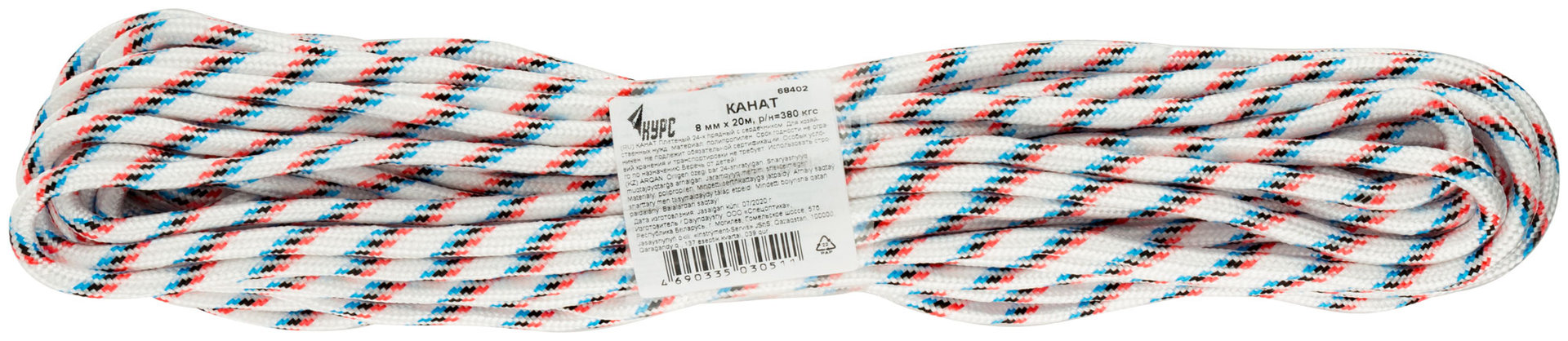 Канат полипропиленовый 24-х прядный с сердечником 8 мм х 20 м, р/н= 380 кгс (68402)