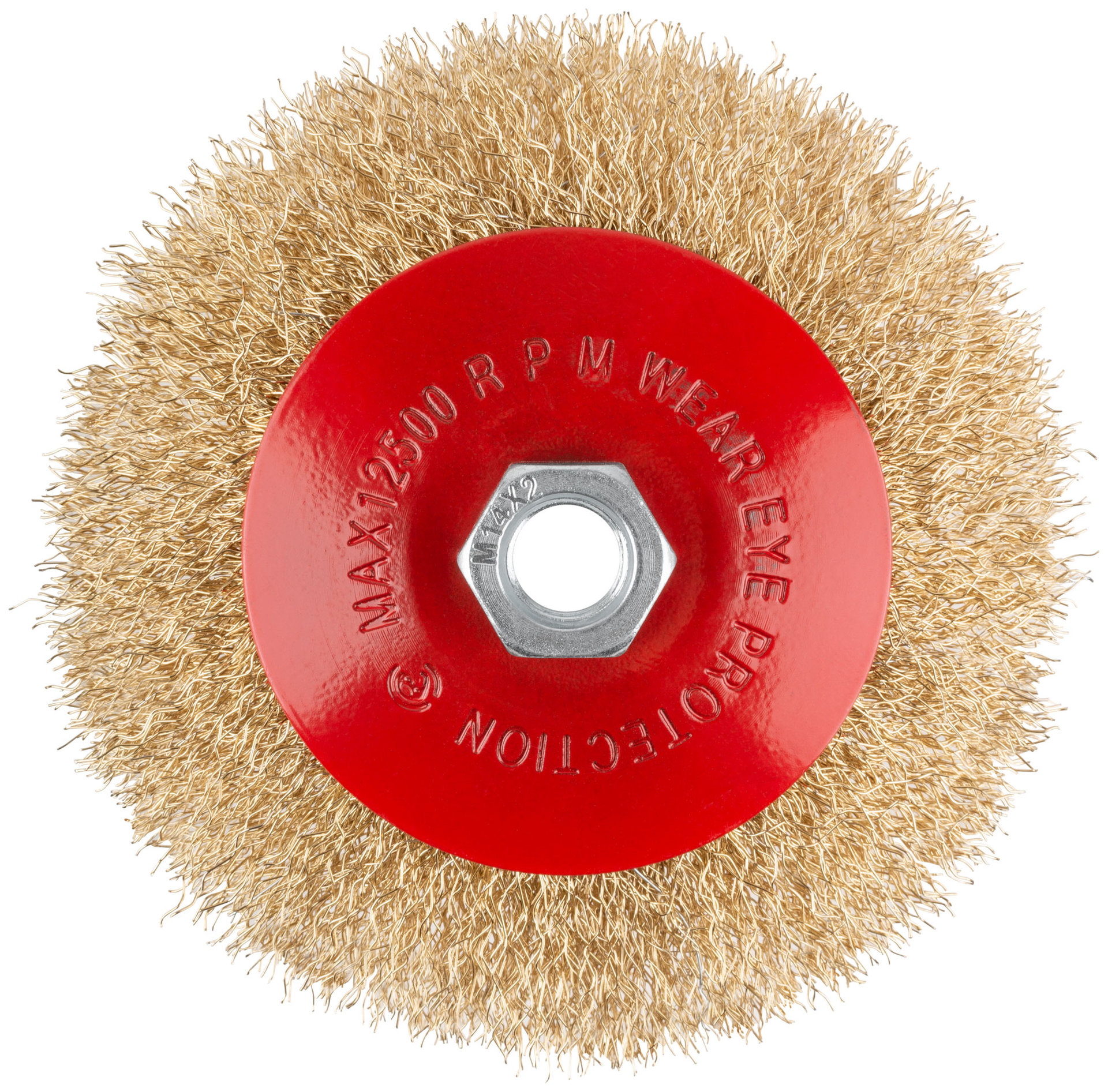 Корщетка-колесо с наклоном, гайка М14, стальная латунированная волнистая проволока 125 мм, блистер (39085)