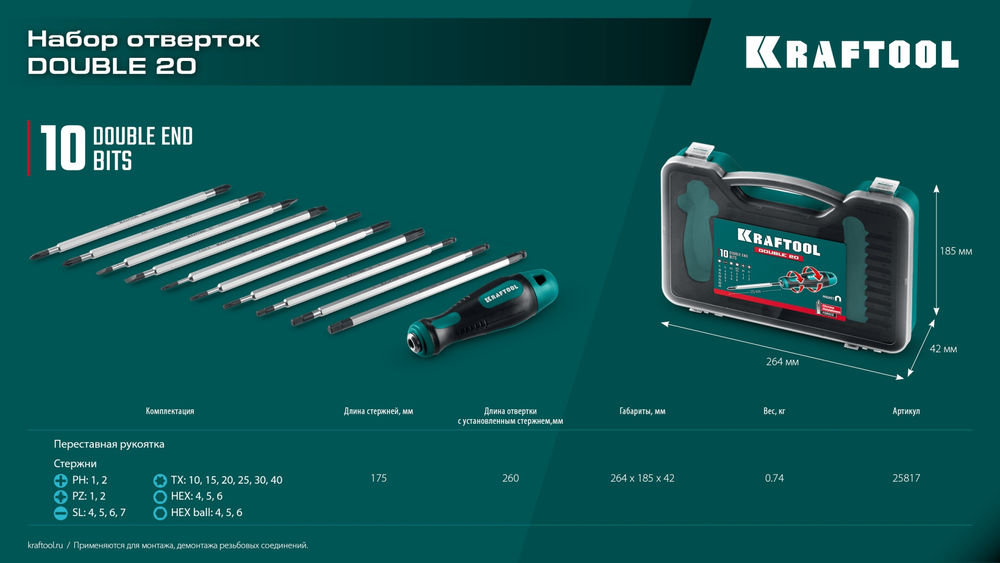 Набор: отвертка с переставными стержнями, 20 шт Double 20 KRAFTOOL 25817