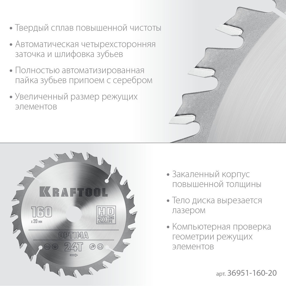 Пильный диск по дереву Optima, 160 х 20 мм, 24Т KRAFTOOL 36951-160-20