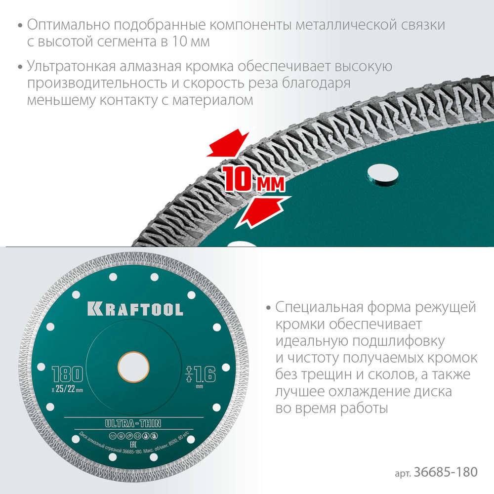 Ультратонкий алмазный диск ULTRA-THIN, 180х1.6 мм KRAFTOOL 36685-180