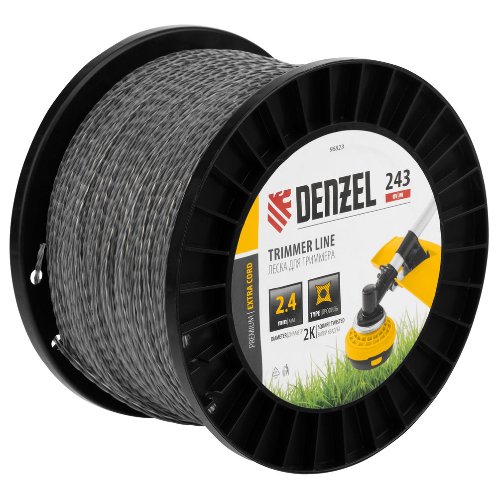 Леска для триммера двухкомпонентная витой квадрат, 2,4мм х 243м, на DIN катушке EXTRA CORD Denzel (96823)