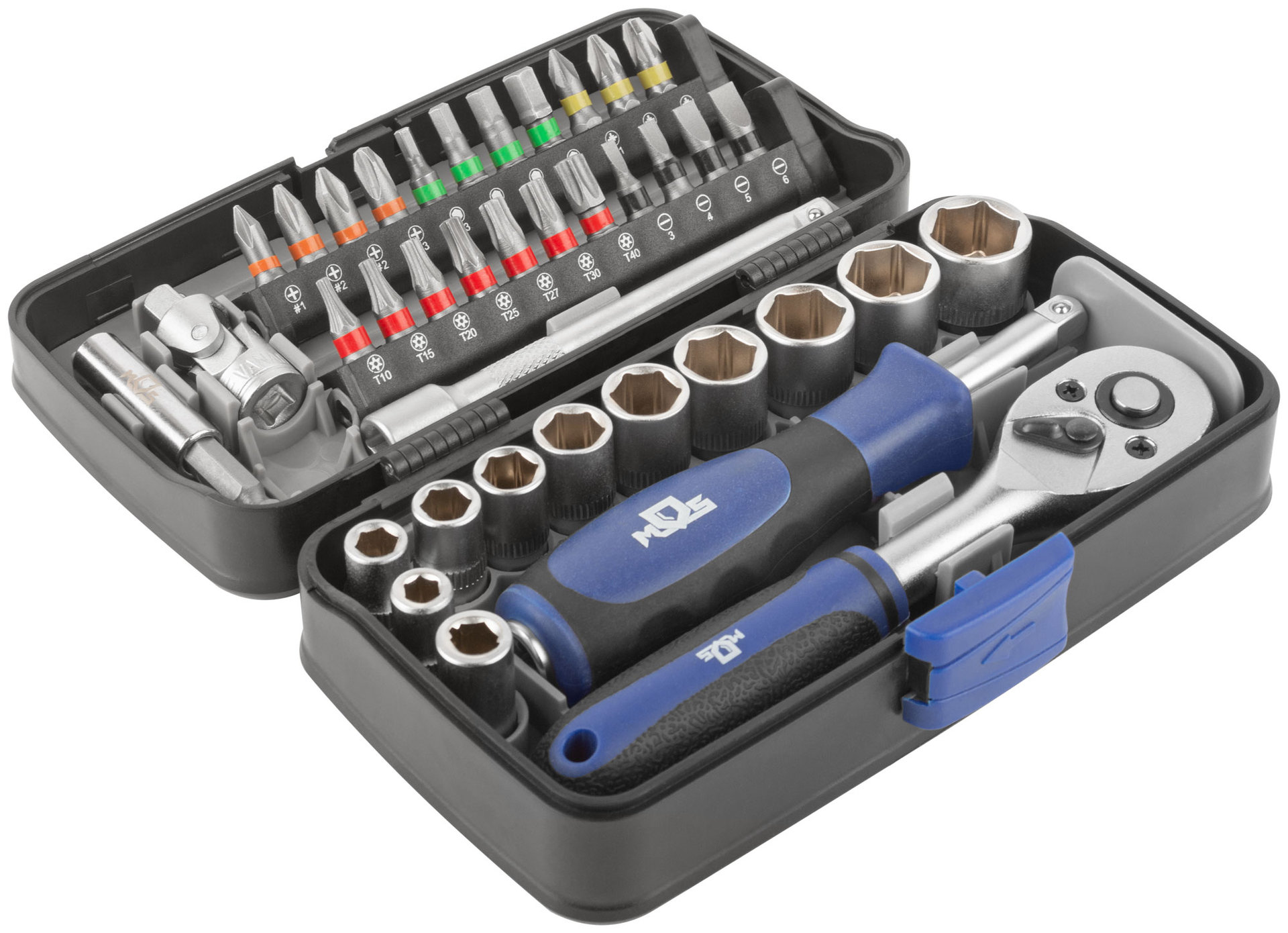 Мини-набор инструмента (биты, головки, вороток, удлинитель), 38 шт., пластиковый кейс (65000М)