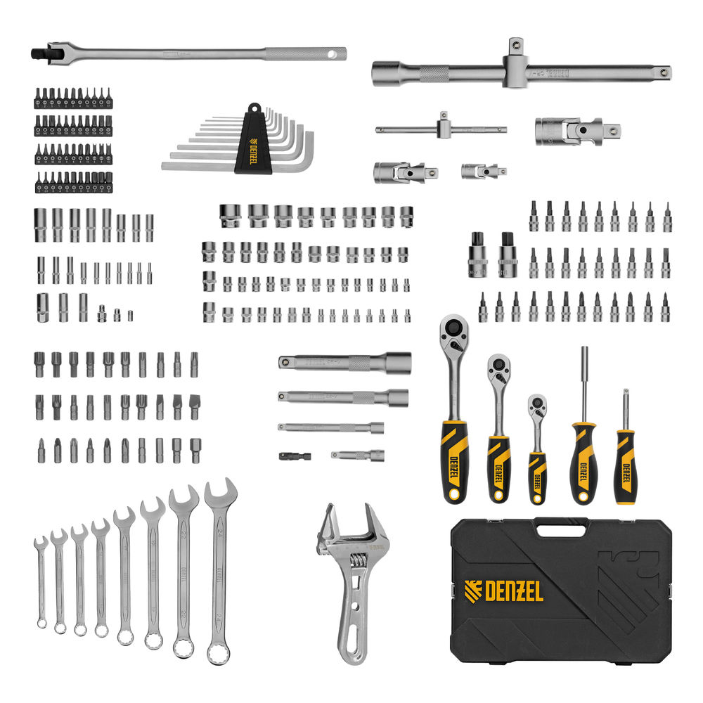 Набор инструментов, 1/2, 1/4, 3/8, CrV, S2, пластиковый кейс, 216 предметов Denzel