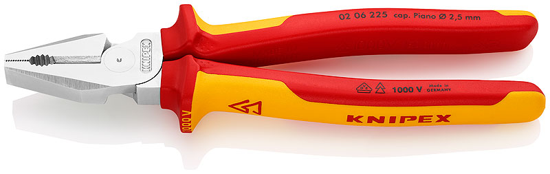 Плоскогубцы комбинированные особой мощности VDE, 225 мм, хром, 2-комп диэлектрические ручки (KN-0206225)