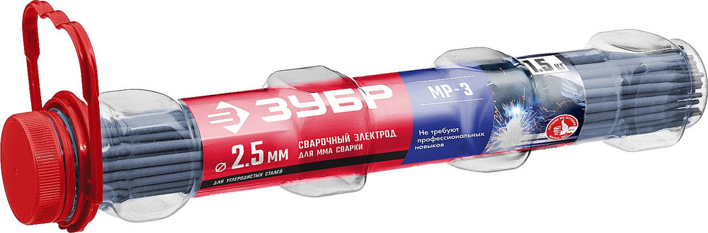 Электрод сварочный МР-3 рутиловый D 2.5 x 350 мм, 1.5 кг в ПВХ тубе ЗУБР 40011-2.5