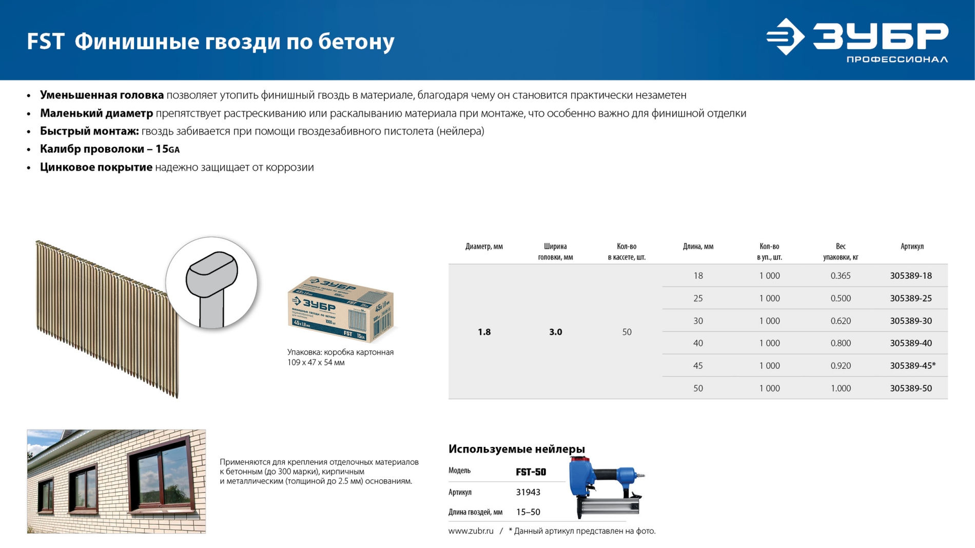 ЗУБР FST 50 х 1.8 мм, финишные гвозди по бетону оцинкованные, калибр 15GA, 1000 шт (305389-50)