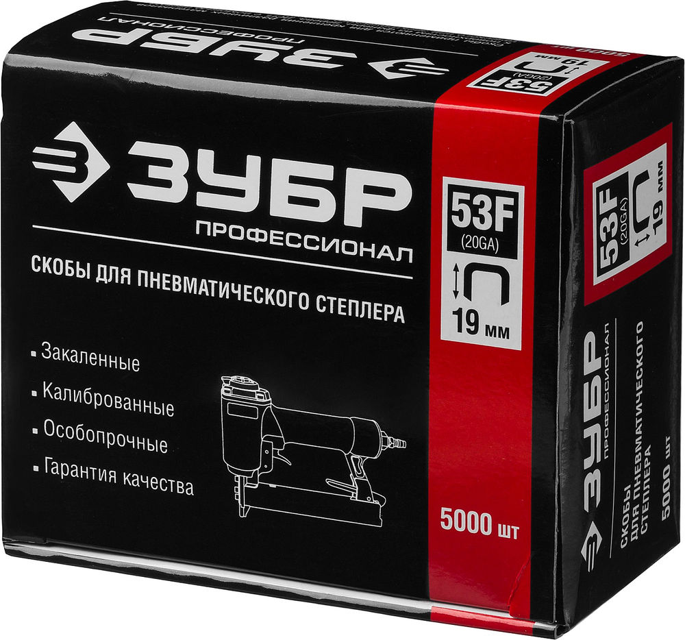 Скобы 19 мм, тип 53F (D/056), калибр 23GA, 5000 шт Профессионал ЗУБР 31950-19