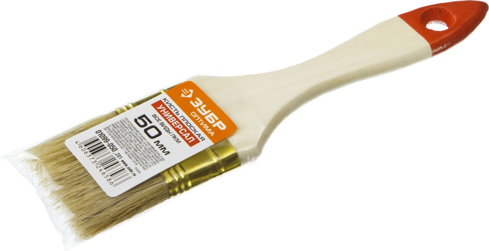 Кисть плоская 50 мм, 2, светлая натуральная щетина, деревянная ручка ЗУБР УНИВЕРСАЛ 01099-050_z01