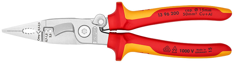 Клещи электромонтажные VDE 6-в-1 зачистка 0.75 – 1.5 / 2.5 мм? рез O 15 мм / 50 мм? 200 мм защёлка хром 2-комп диэлектрические ручки KN-1396200