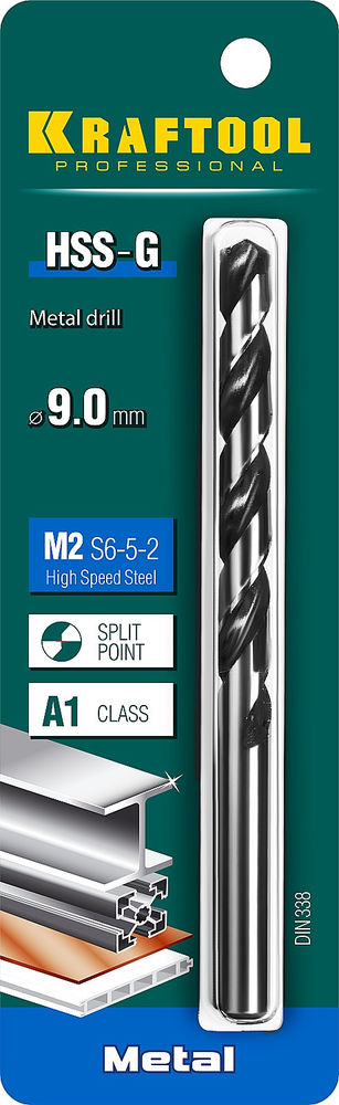 Сверло по металлу 9.0 х 125 мм сталь P6M5 HSS-G KRAFTOOL 29651-9