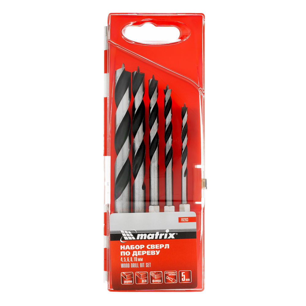 Набор сверл по дереву, 4-5-6-8-10 мм, 5 шт, шестигранный хвостовик, пластиковый кейс, Matrix (70283)