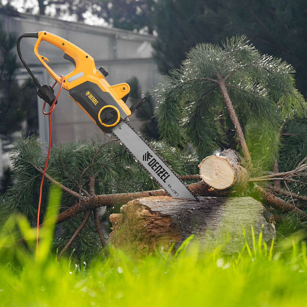 Пила цепная электрическая EDS-2200P, 2.2 кВт,поперечная, шина 45 см, шаг 3/8, паз 1.3 мм, 63 звена Denzel (95617)