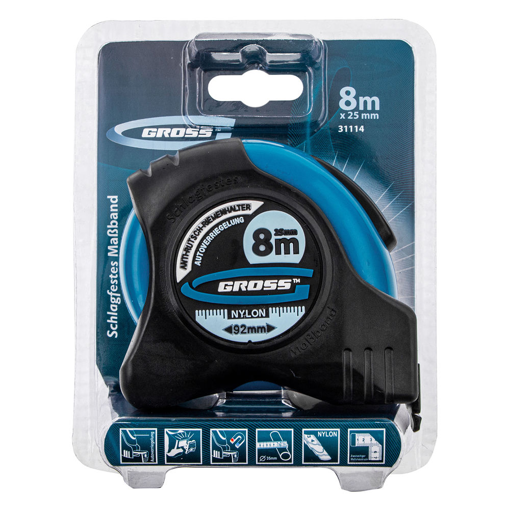 Рулетка Schlagfest,8 м x 25 мм,магнитный обрезиненный зацеп,двусторонняя шкала,Нейлоновое покрытие,автоматическая фиксация Gross