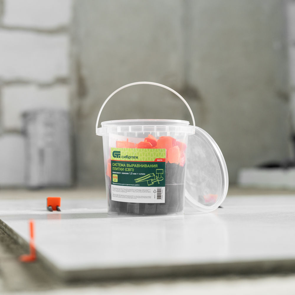 Система выравнивания плитки (СВП) комплект: зажимы, клинья (50/50 шт) упаковка ведро Сибртех (88070)