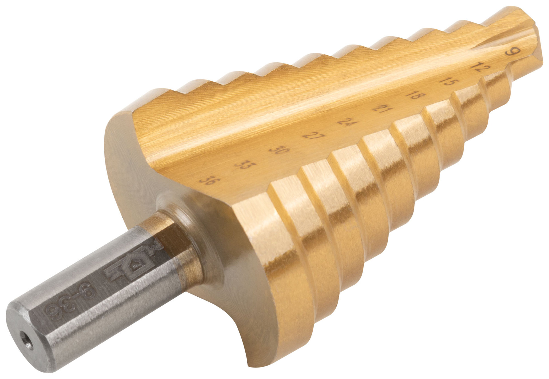 Сверло ступенчатое HSS по металлу, 10 ступеней 9-12-15-18-21-24-27-30-33-36 мм