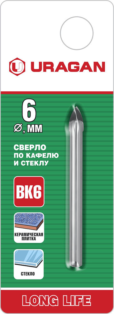 Сверло по стеклу и кафелю 2х кромка цилиндр хвостовик URAGAN 6 мм 29830-06  