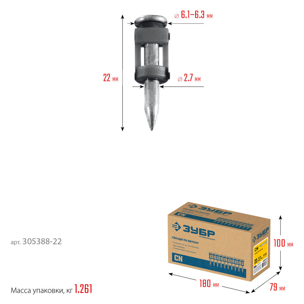 Гвозди по бетону CN 22 x 2.7 мм, оцинкованные, 1000 шт ЗУБР 305388-22
