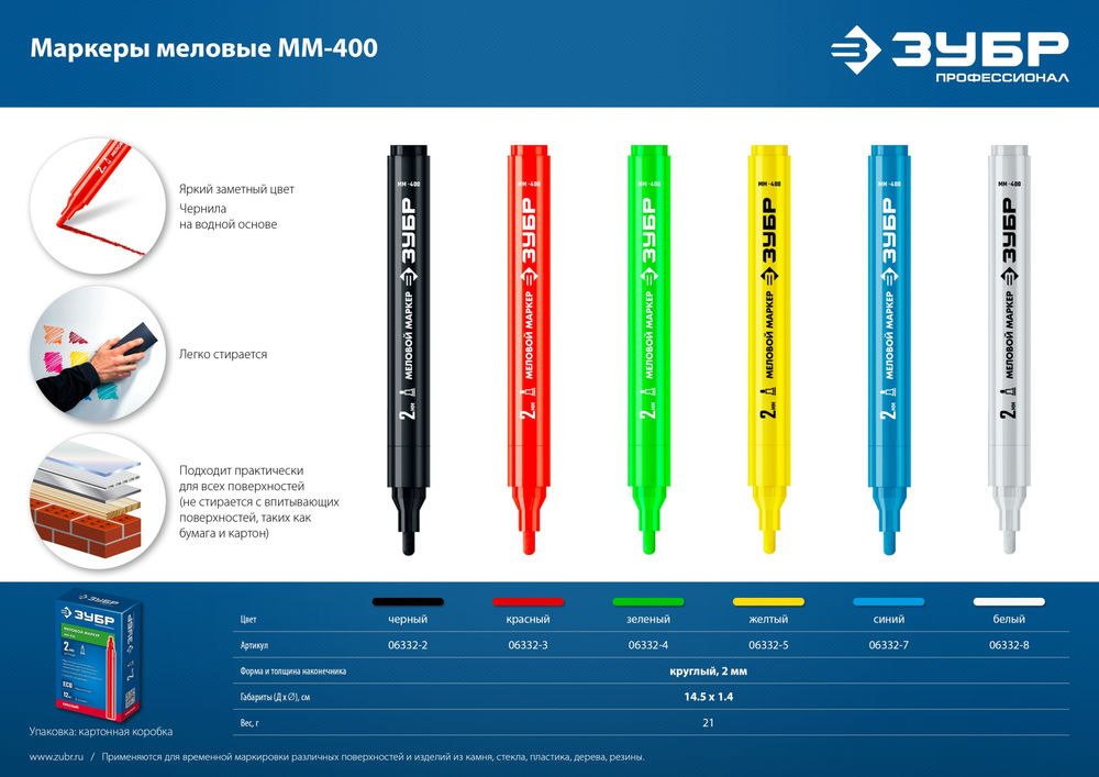 Меловой маркер ММ-400 красный, 2 мм ЗУБР 06332-3