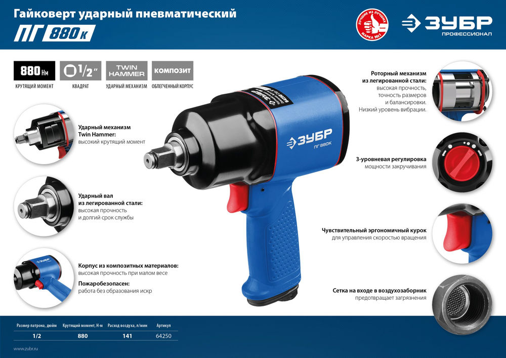 Гайковерт пневматический ударный 1/2 880 Н·м ЗУБР ПГ-880К Профессионал 64250