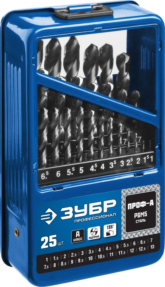 Набор сверл по металлу в мет. боксе 1-13 мм 25 шт сталь Р6М5 класс А ЗУБР ПРОФ-А Профессионал 29625-H25