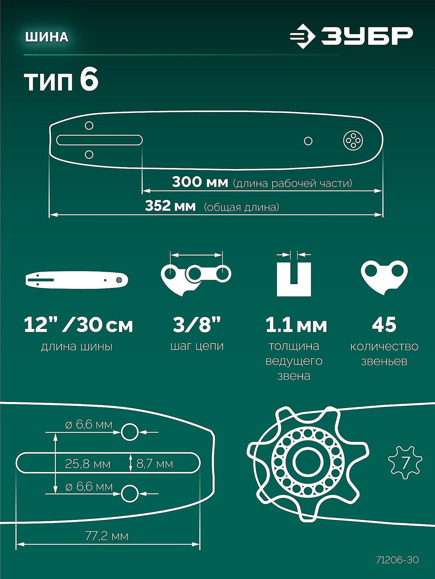 ЗУБР тип 6, 30 см, шаг 3/8?, паз 1.1 мм, 45 звеньев, шина (71206-30)