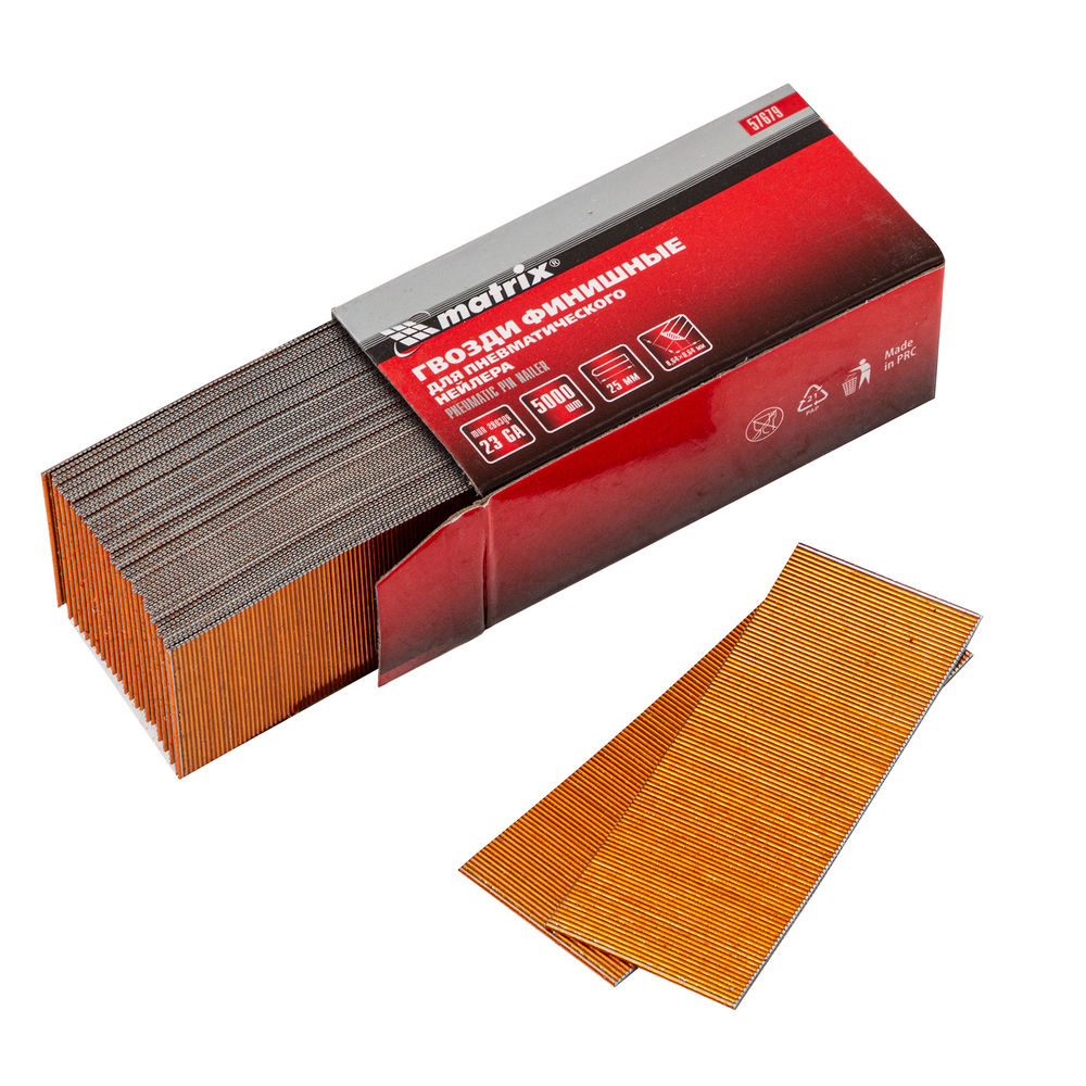 Гвозди финишные, (шпильки) 23GA для пневматического нейлера финишного D 0.64 мм, длина 25 мм, 5000 шт Matrix (57679)