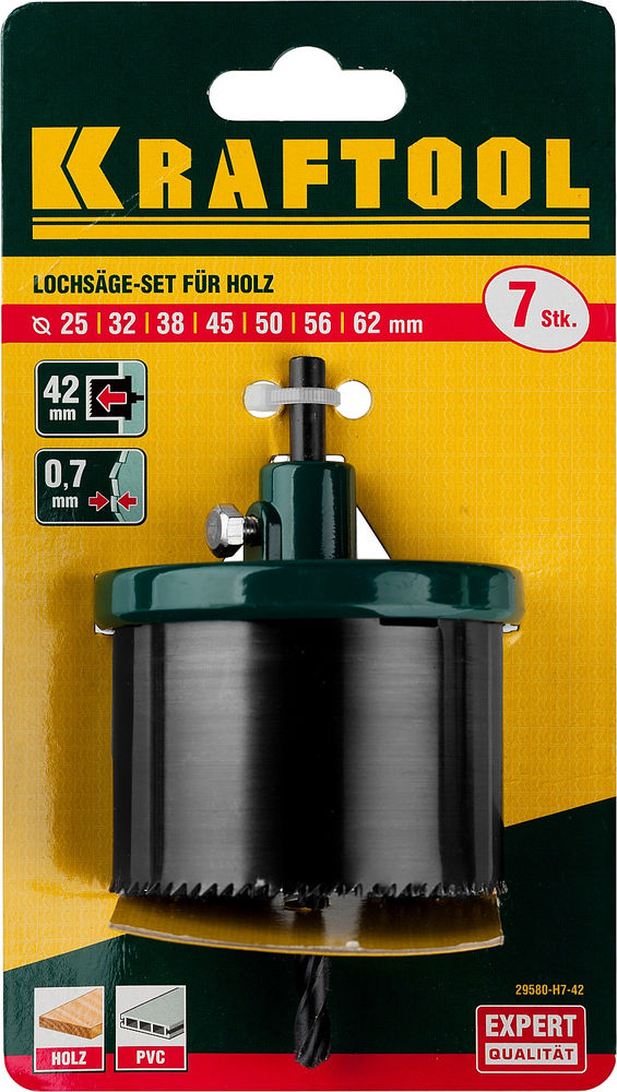 Наборная кольцевая пила по дереву, 7 шт, (25–32–38–45–50–56–62 х 42 мм) KRAFTOOL 29580-H7-42