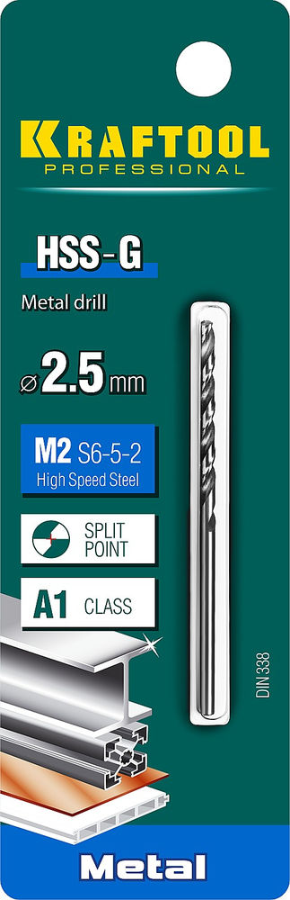 Сверло по металлу 2.5 х 57 мм сталь P6M5 HSS-G KRAFTOOL 29651-2.5