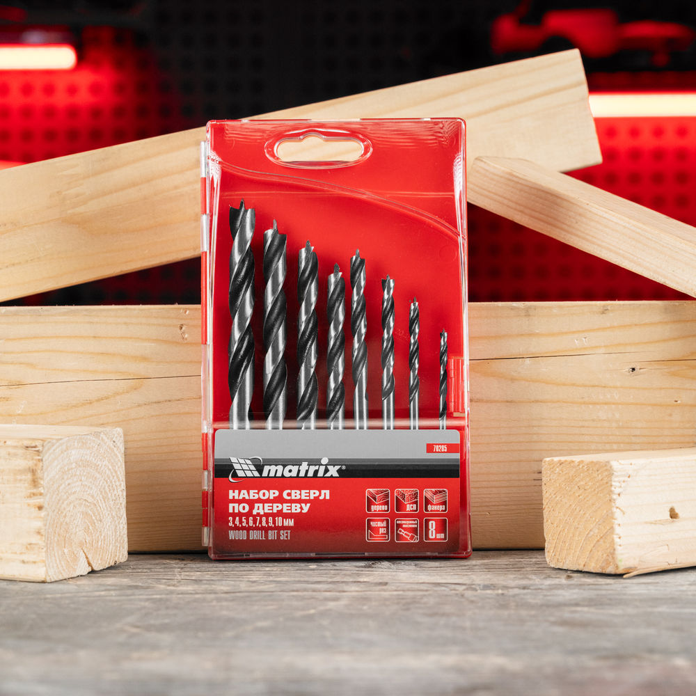 Набор сверл по дереву, 3-4-5-6-7-8-9-10 мм, 8 шт, шестигранный хвостовик, пластиковый кейс, Matrix (70285)