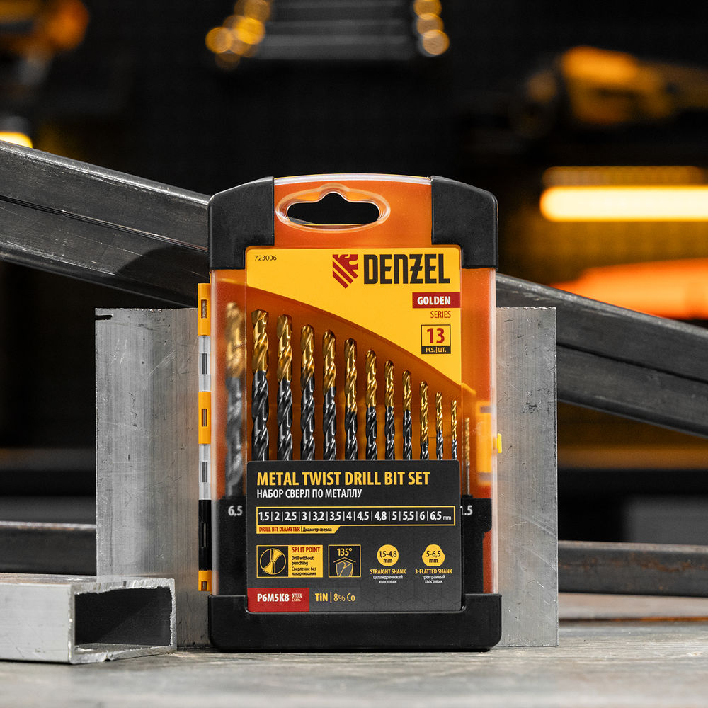Набор сверл по металлу, 1,5-6,5мм, Р6М5К8-TiN, Golden Tip, 13 шт Denzel (723006)