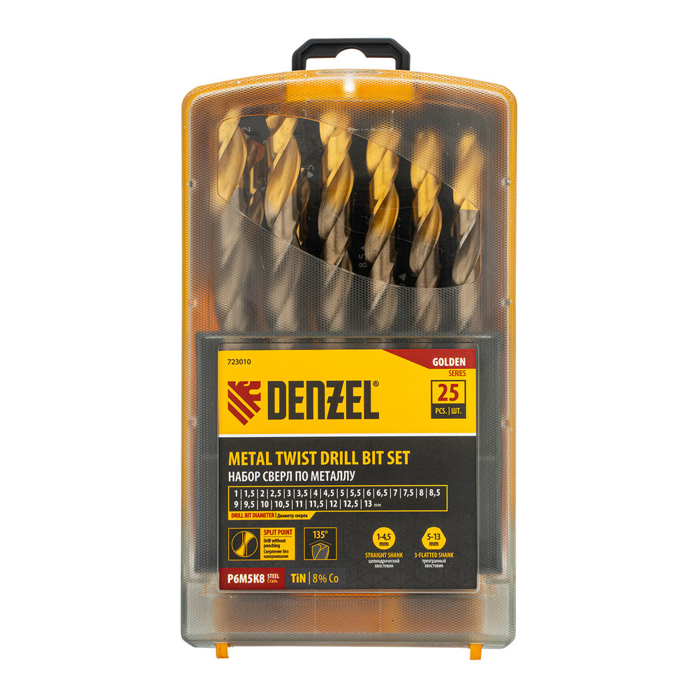 Набор сверл по металлу, 1-13 мм, Р6М5К8-TiN, Golden Tip, 25 шт Denzel (723010)