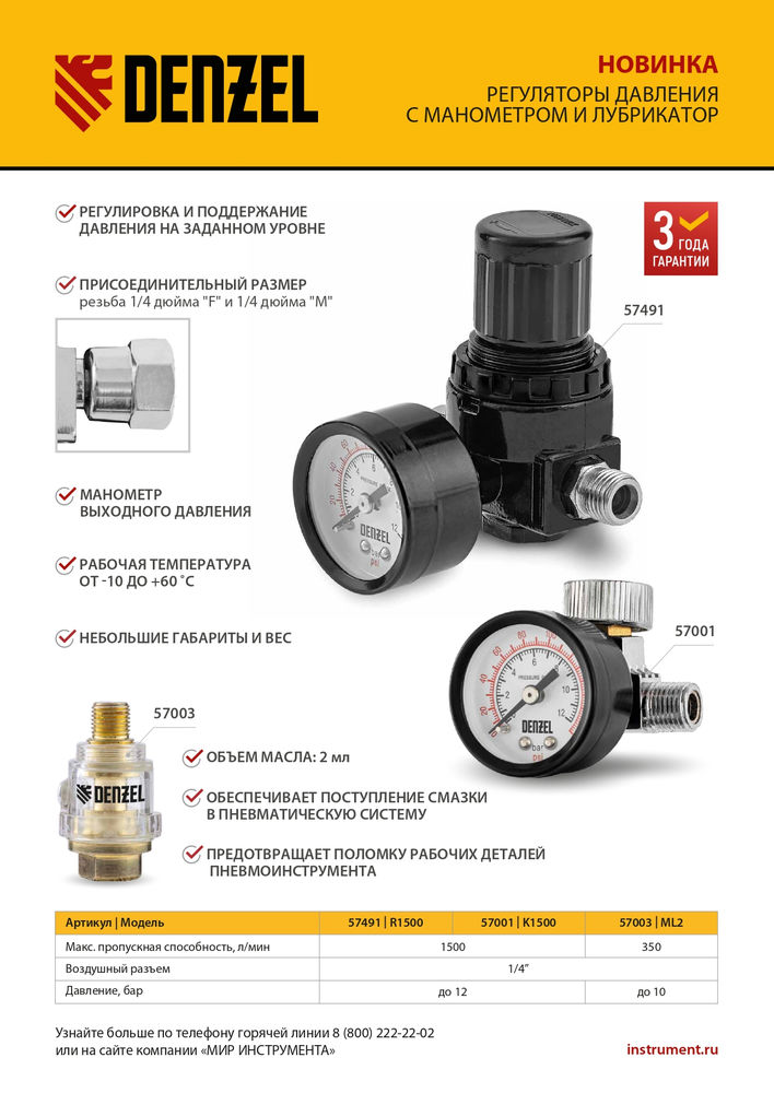 Регулятор давления с манометром R1500, 12 бар, 1/4 Denzel (57491)
